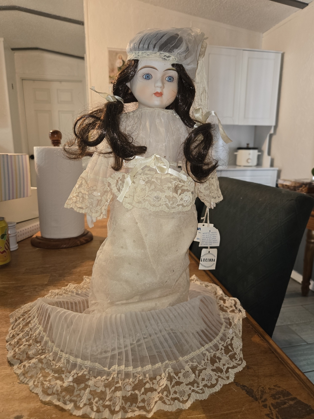 Antique-Style Porcelain Doll in Cream Lace Dress